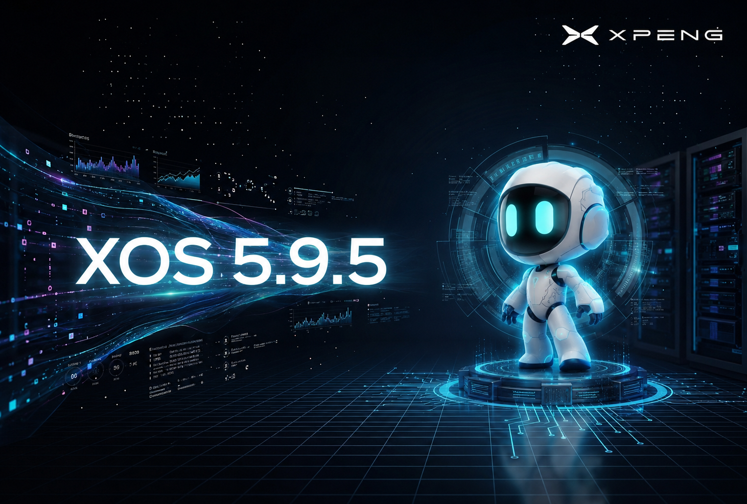Key visual on a dark blue technical background with the words XOS 5.9.5 at left and the white XPENG robot mascot on a lit pedestal at right