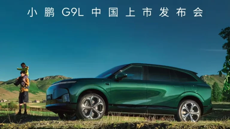 Green XPENG G9L parked on a riverbank with an adult and a child behind it, below the headline of XPENG's Chinese launch poster