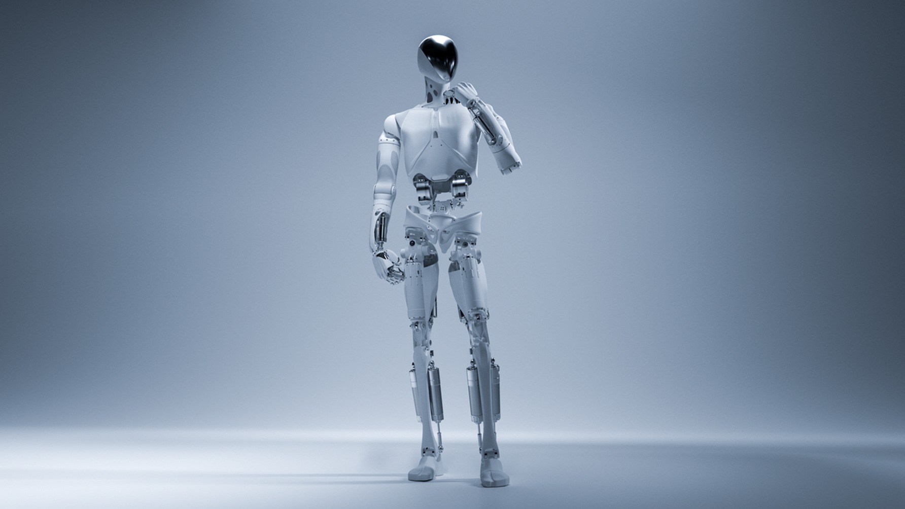 XPENGs humanoide robot IRON står i et gråt studie med den ene hånd løftet til hovedet
