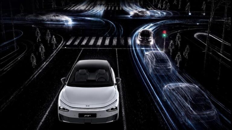 XPENG illustration of a white P7+ at a city junction, with the cars and pedestrians around it drawn as light traces; the background is AI-generated