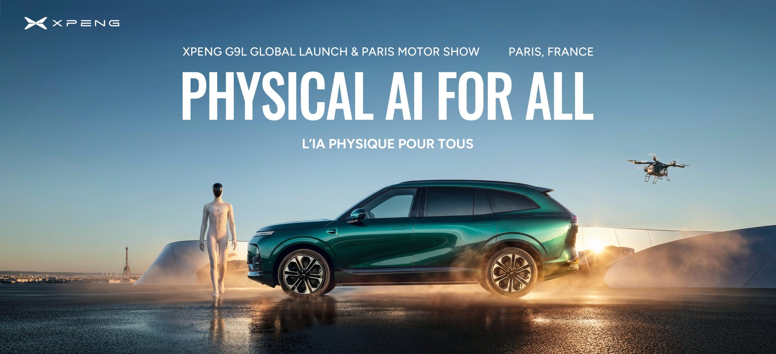 XPENG banner for the Paris Motor Show with a green G9L, the IRON robot and a flying car in front of Paris