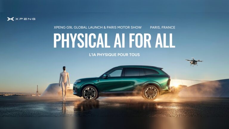 XPENG banner for the Paris Motor Show with a green G9L, the IRON robot and a flying car in front of Paris