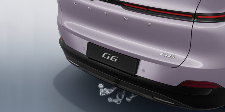 Rear of an XPENG G6 with the swivel towbar folded out