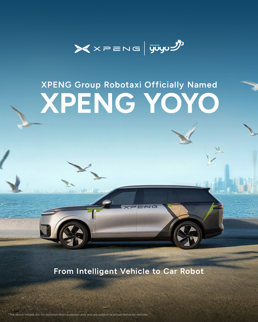 XPENG YOYO brand announcement with white logos and birds against a blue sky
