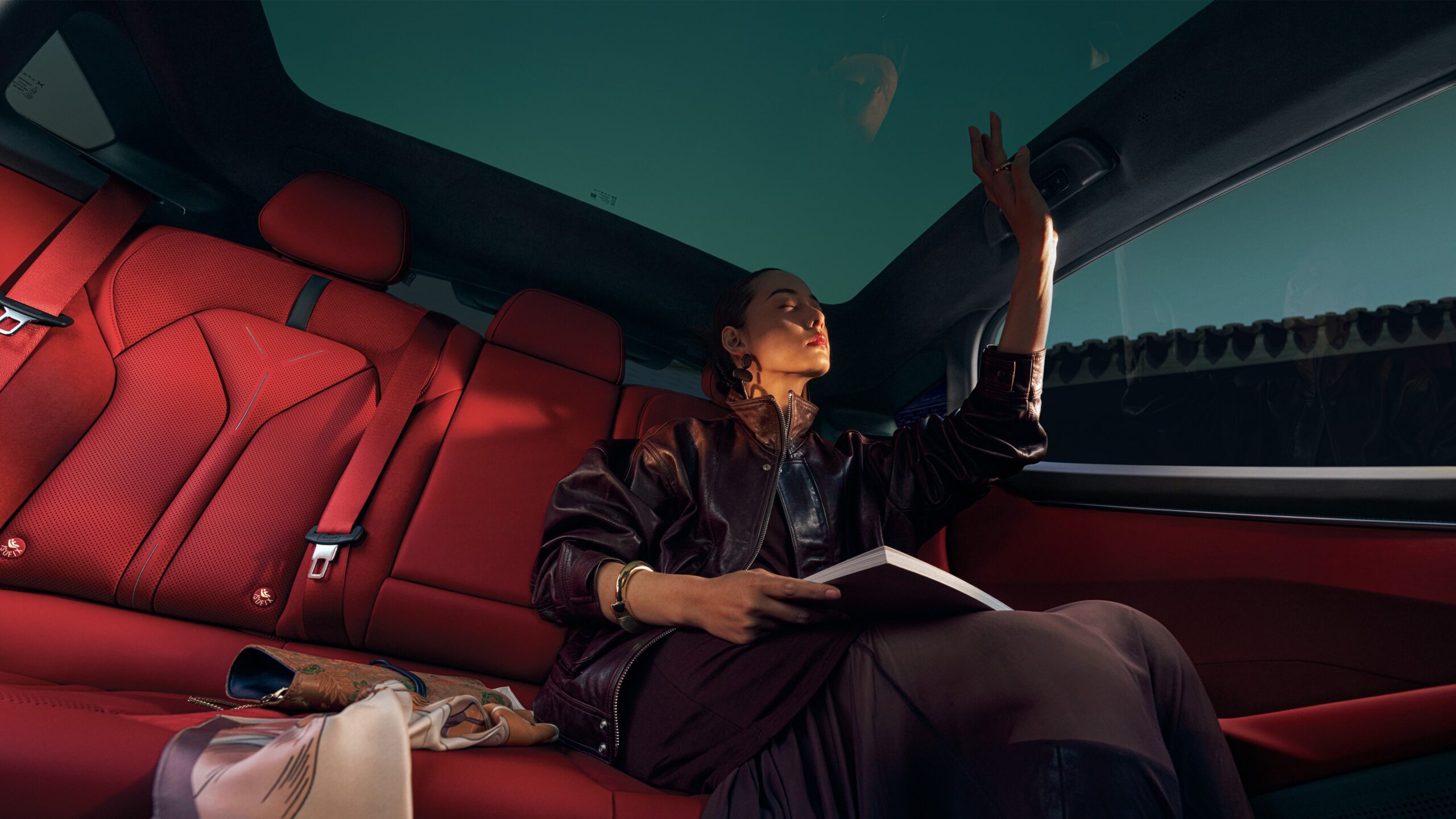 XPENG New P7 full-length glass roof seen from inside
