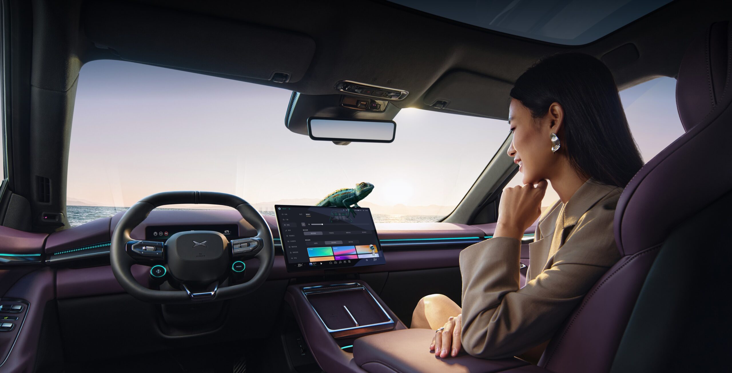 XPENG New P7 cabin seen from the passenger side