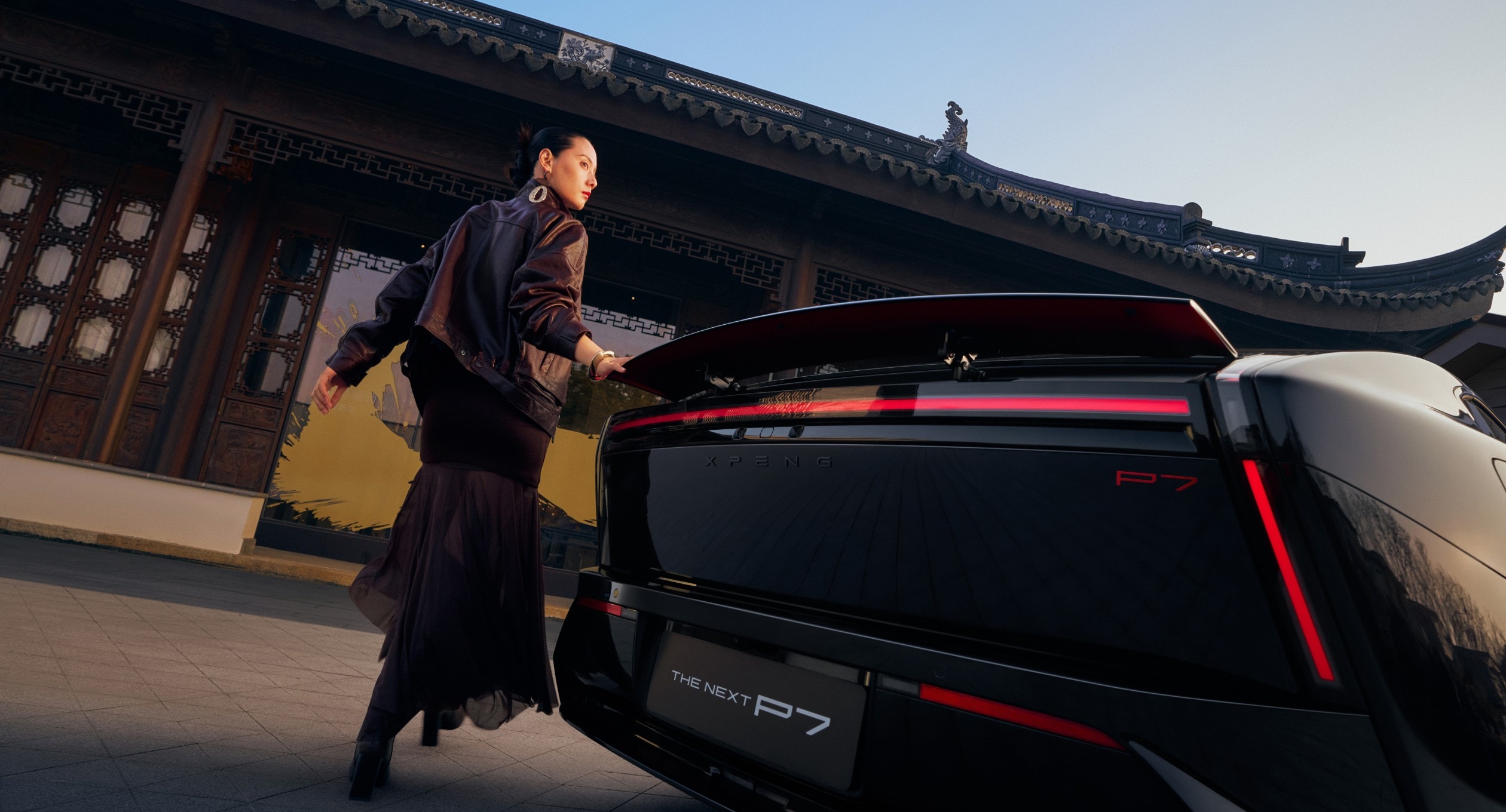 XPENG New P7 active electric rear wing in the raised position