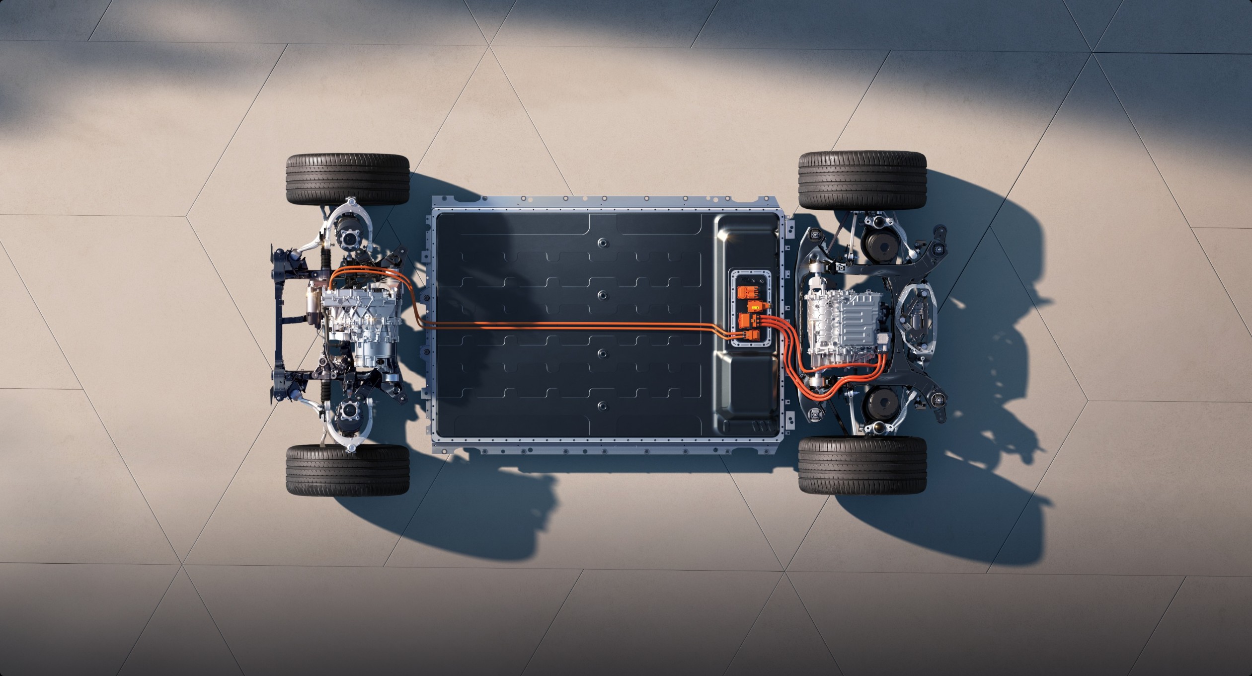 XPENG New P7 mid-mounted drive layout with 50:50 weight distribution