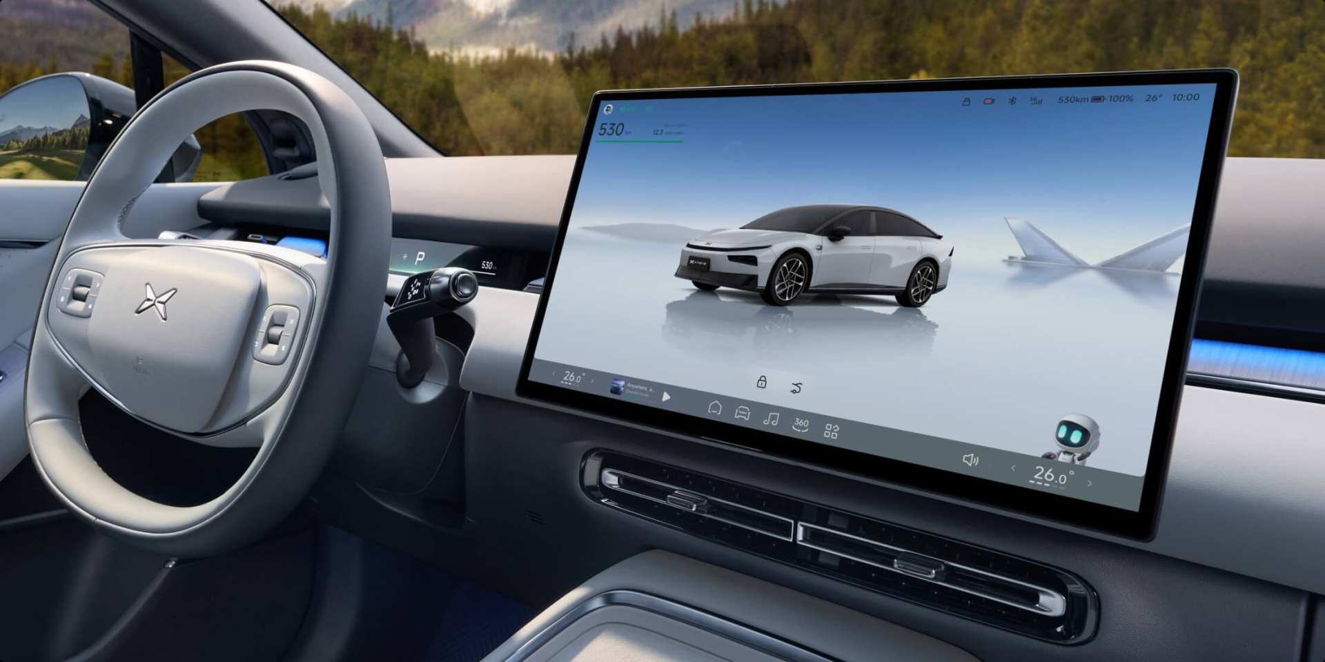 XPENG P7+ central touchskærm med bilen på startskærmen, bjerge gennem forruden