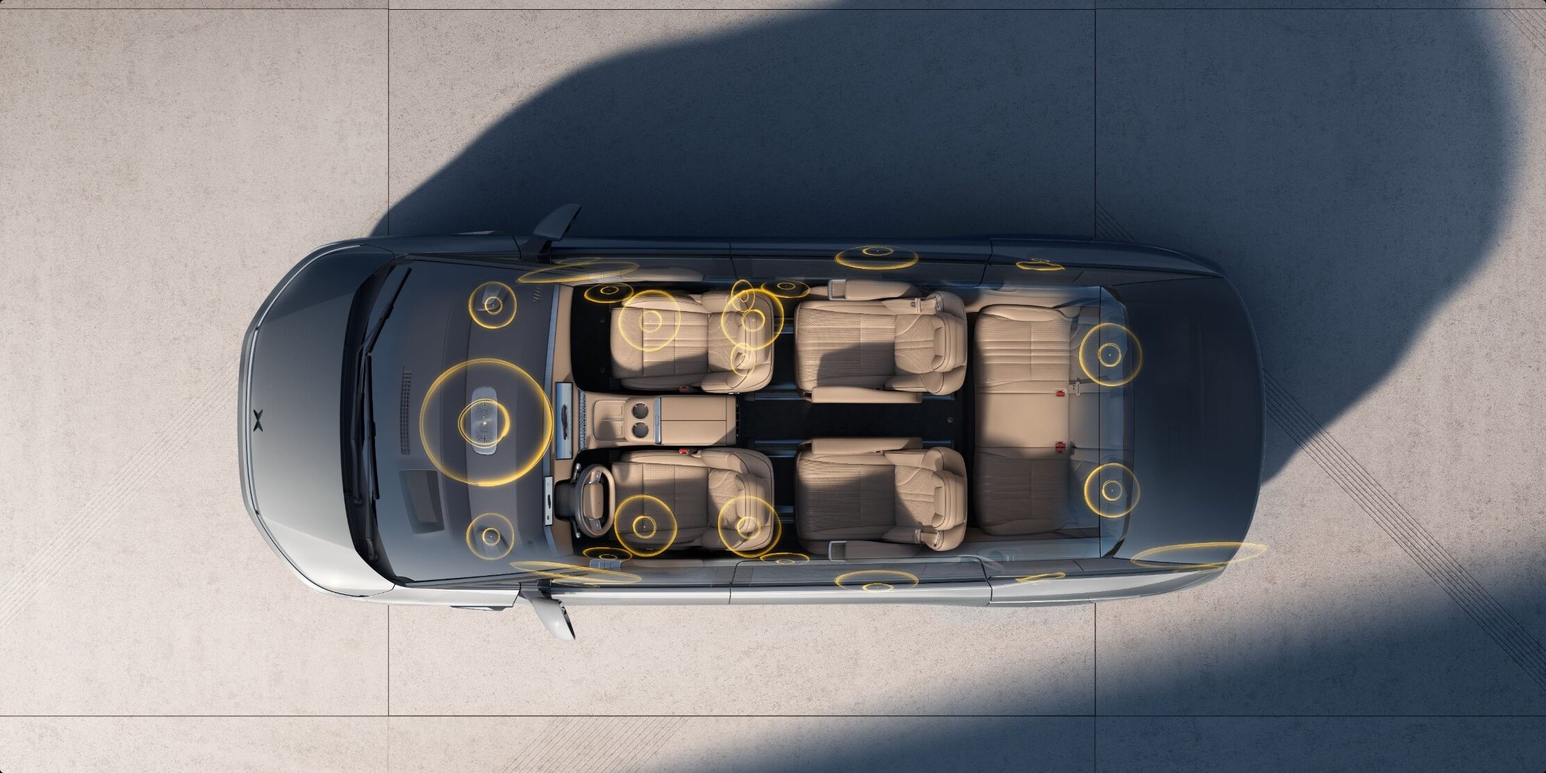 XPENG X9 seen from above with the 27 speaker positions marked