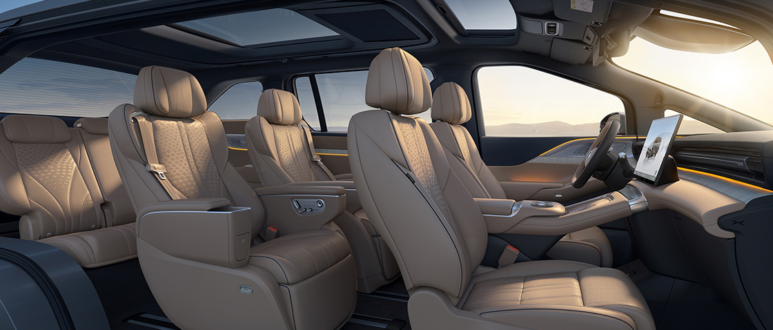 XPENG X9 cabin in Coffee, left-hand drive, all three rows
