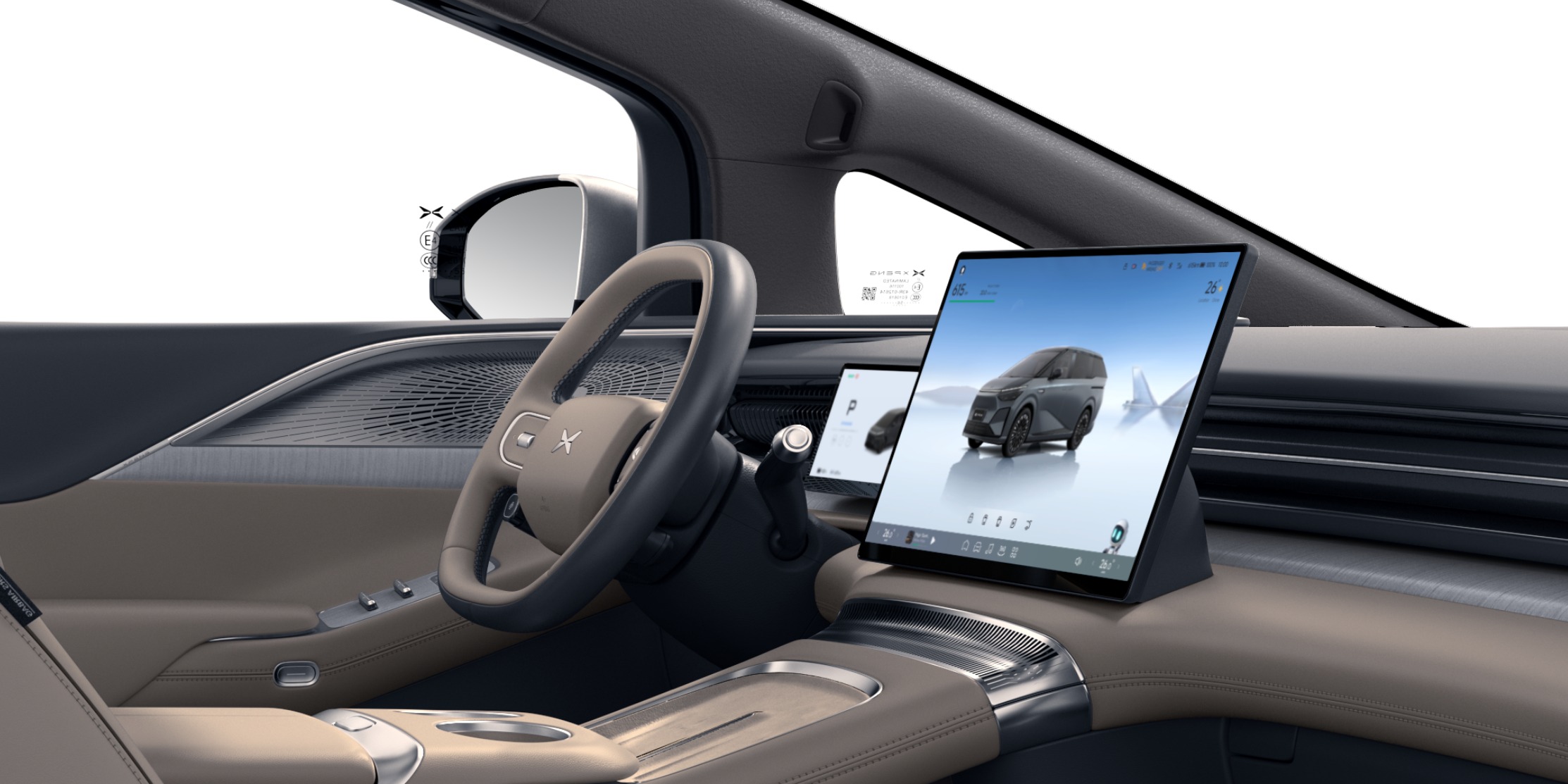 XPENG X9 driver's seat with the microfibre steering wheel and centre screen