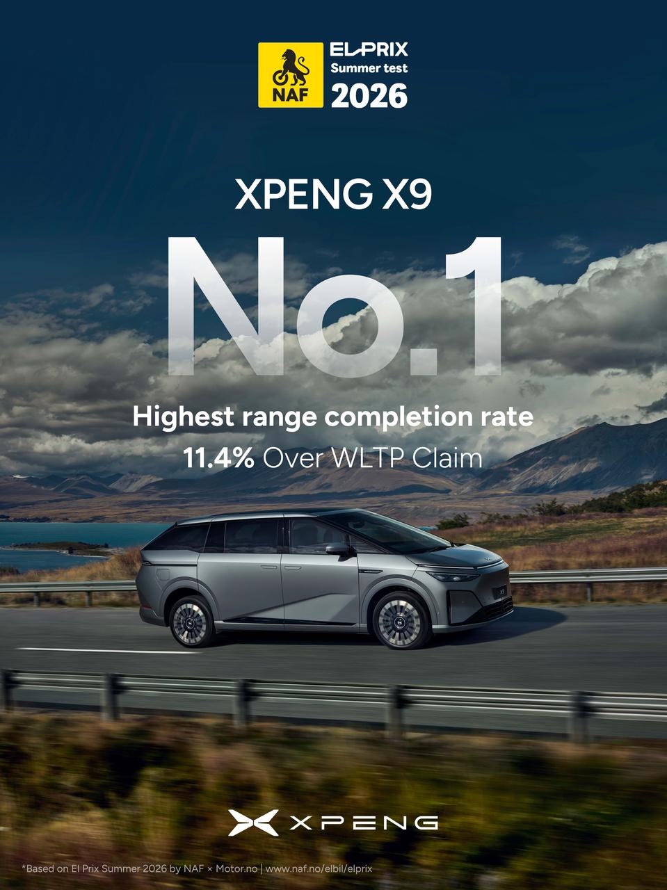 XPENG poster: the X9 first in NAF's El Prix summer test 2026, 11.4 percent over its WLTP range