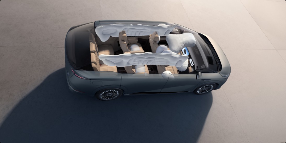 XPENG X9 from above with curtain, front and centre airbags deployed