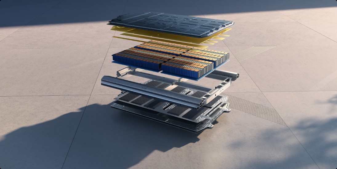 XPENG X9 battery pack shown as an exploded stack of cover, cells and cooling plate