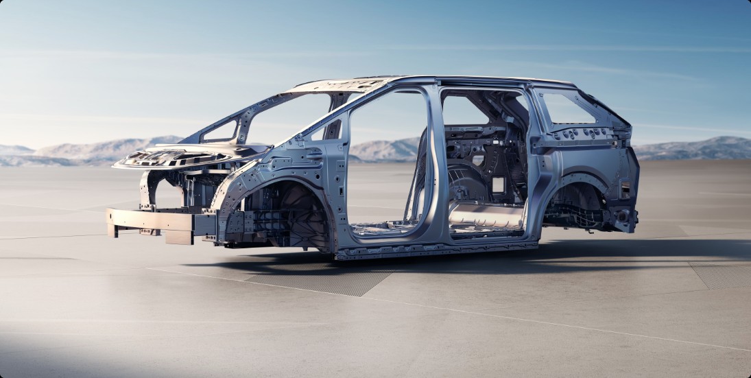 XPENG X9 unpainted bodyshell showing the high-strength steel safety cage