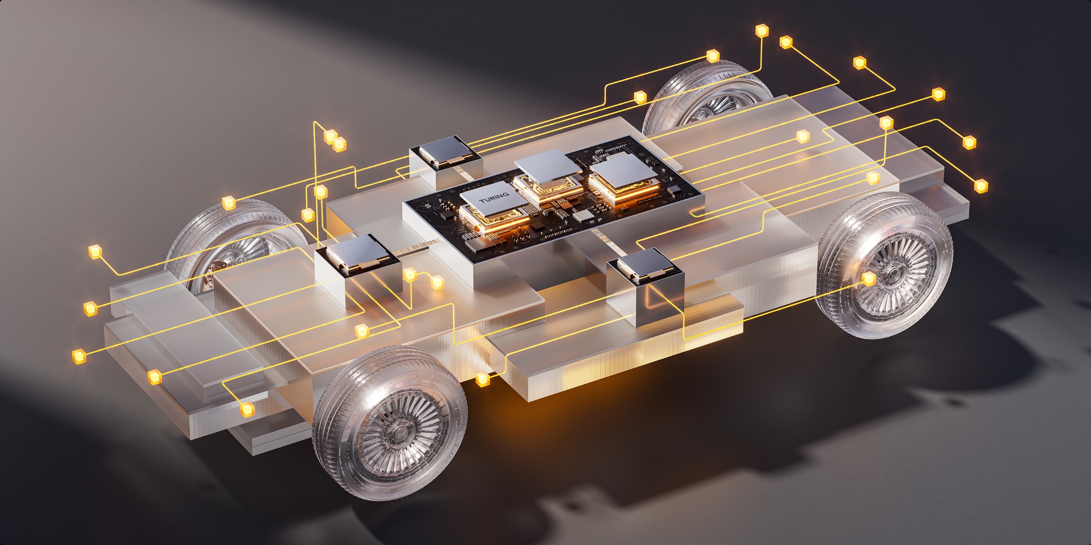 XPENG X9 chassis render with the Turing computing board lit