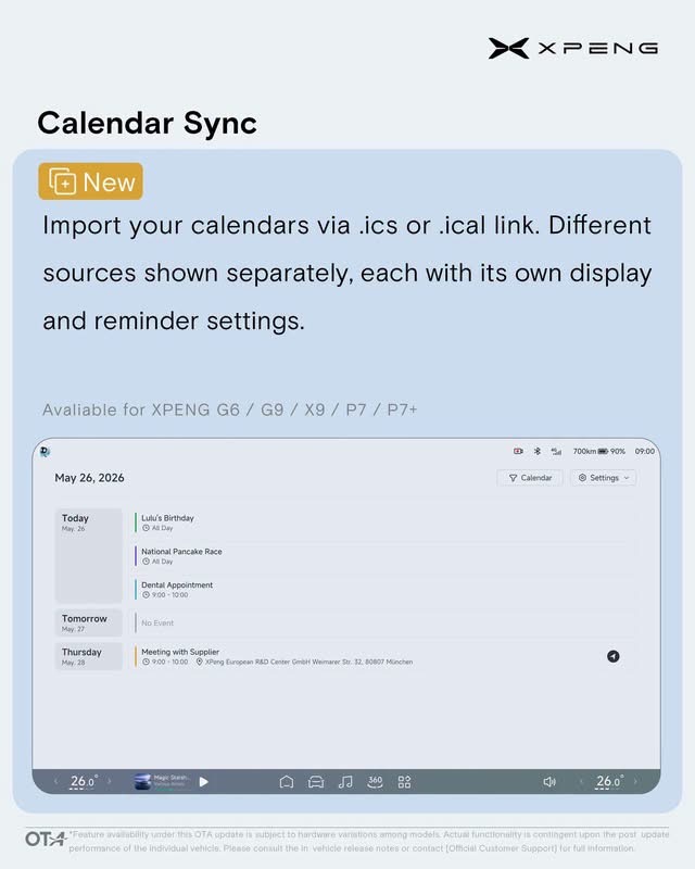 XOS 5.9.5 Calendar Sync via .ics/.ical link - available for XPENG G6, G9, X9, P7, P7+