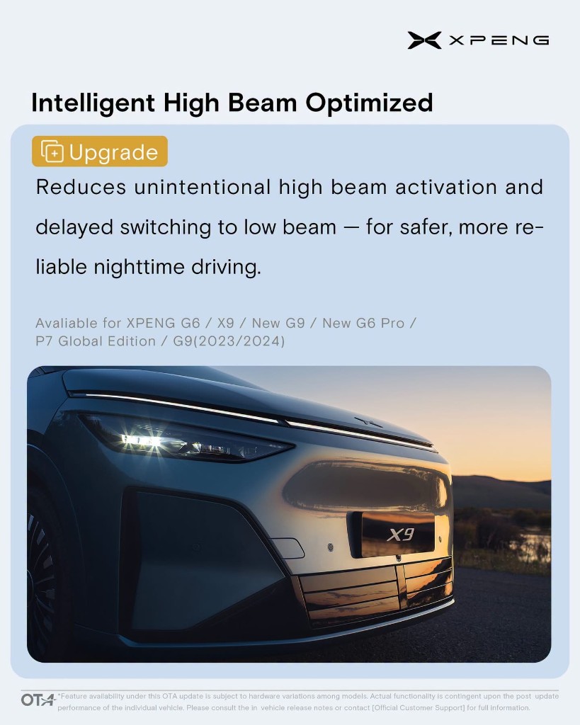 XOS 5.9.5 Intelligent High Beam optimized - available for XPENG G6, X9, New G9, New G6 Pro, P7 Global Edition, G9 (2023/2024)