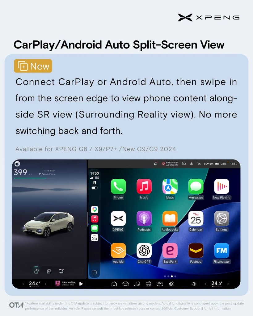 XOS 5.9.5 CarPlay/Android Auto split-screen view - available for XPENG G6, X9, P7+, New G9, G9 2024