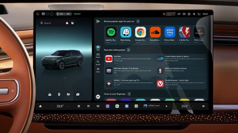 Google Play apps on the XPENG centre screen, cropped from an official demonstration poster