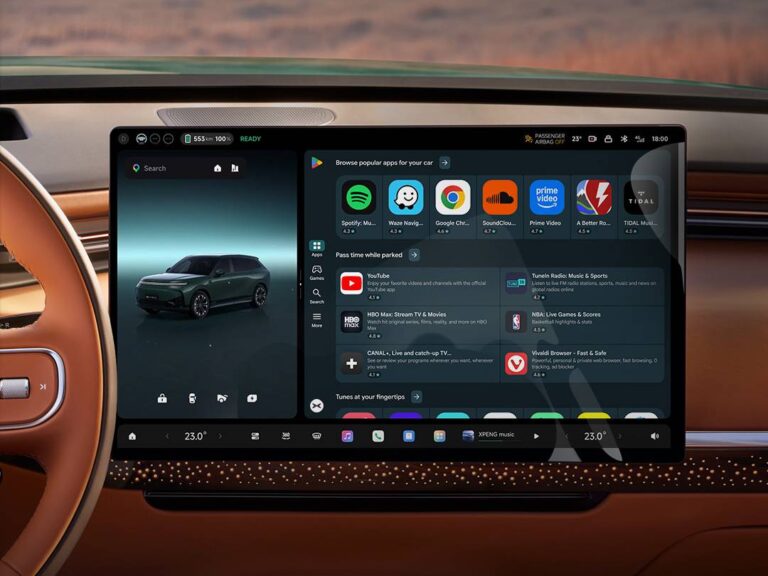 Google Play on an XPENG centre screen, with Spotify, Waze, Google Chrome, Prime Video and TIDAL in the top row and YouTube and HBO Max under Pass time while parked
