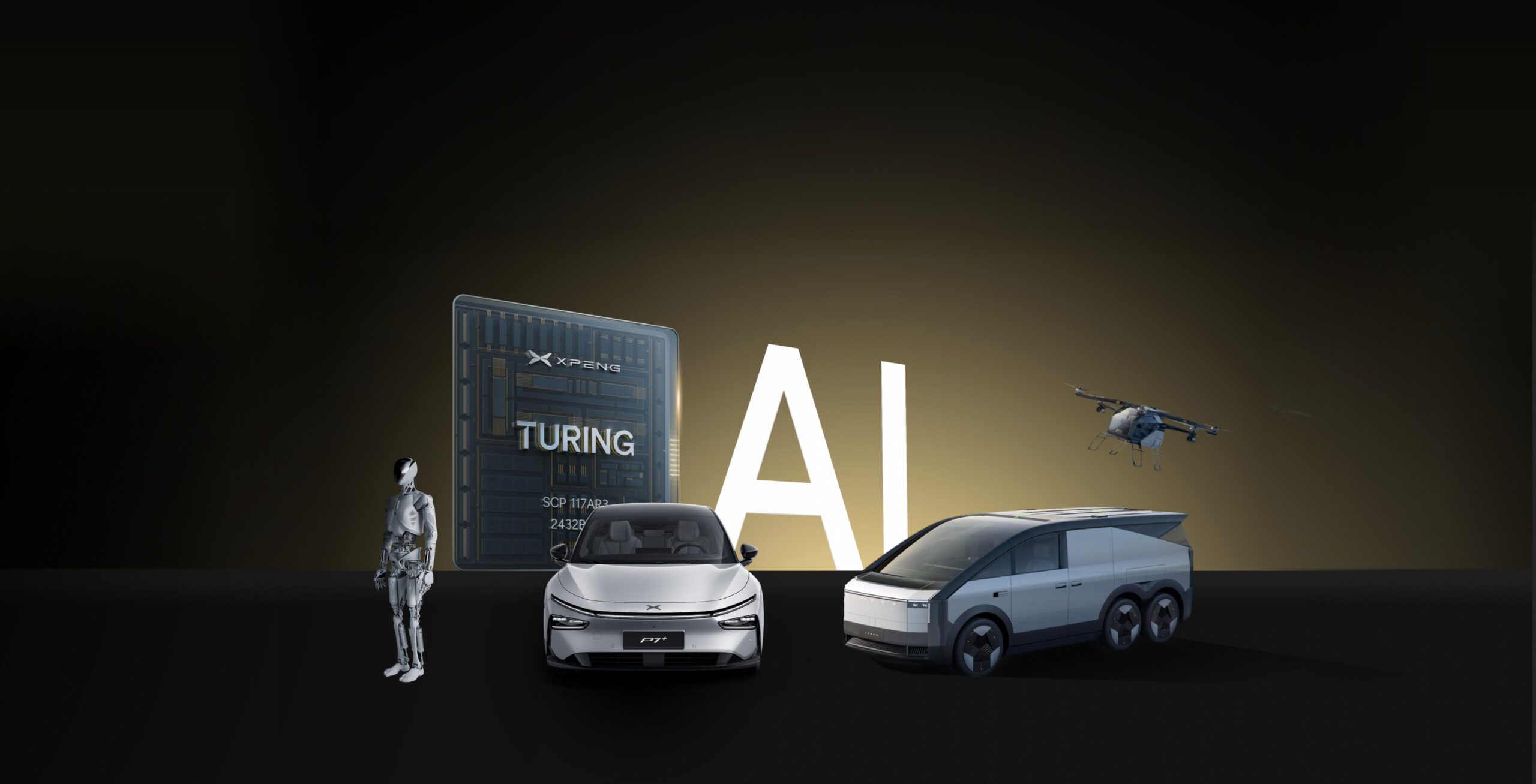 XPENG Turing chip beside the products that run it: the IRON humanoid robot, a P7+, the Robotaxi van and a flying car