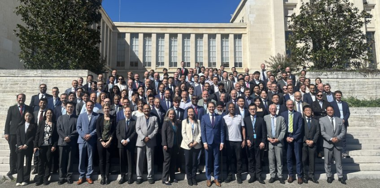 Group photo of delegates on the steps outside a UN building