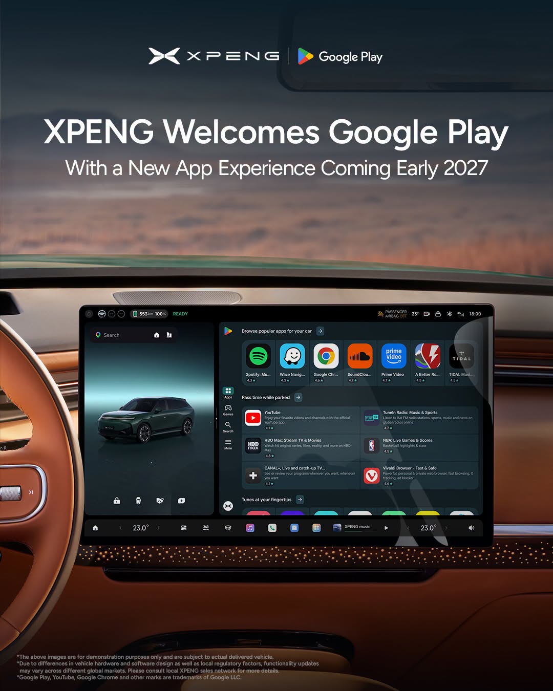 XPENGs plakat “XPENG Welcomes Google Play” med Google Play på en XPENG-midterskærm med Spotify, Waze, Google Chrome, Prime Video, TIDAL, YouTube, HBO Max og andre apps